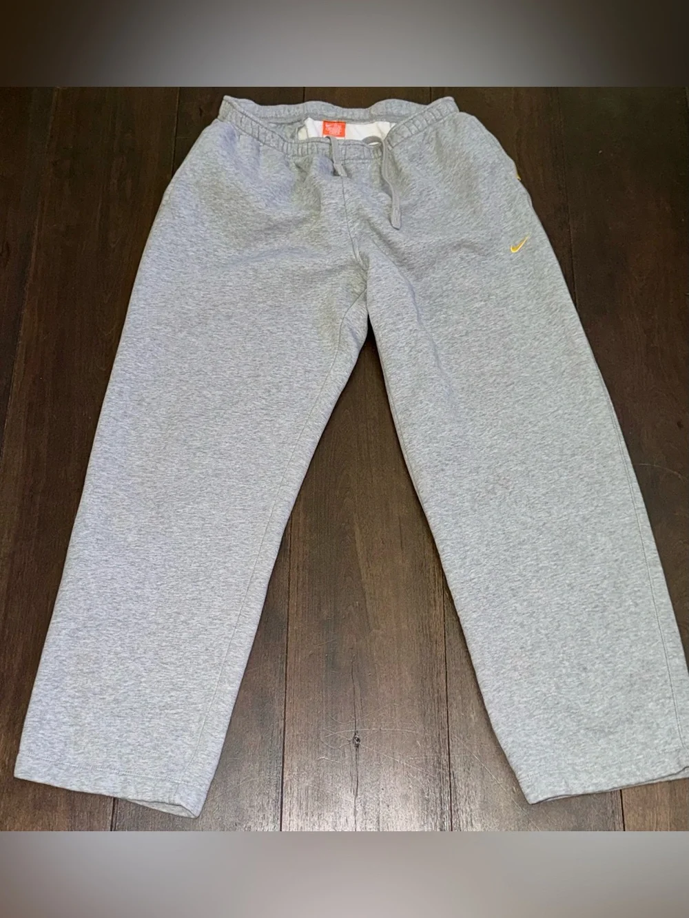 Nike Club Fleece Gray Sweatpants Large Yellow Swoosh Open Leg